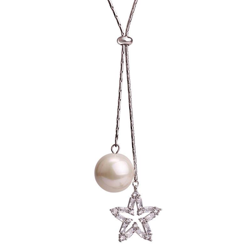 Fashionable Long Chain Star Shaped Pendant Necklace With Pearls Sparkling Design
