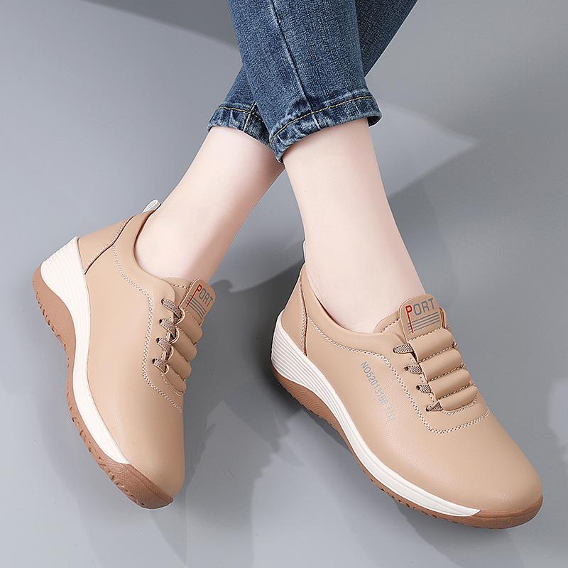 Women Platform Loafers Casual Elegant Leather Khaki Sneakers Thick Sole Height Increase Shake Shoes Large Size