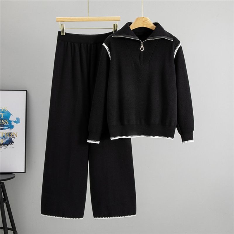 

Западный стиль Новая мода Повседневный Свободный Вязаный свитер Брюки Комплект Вязаный свитер и брюки Black All yards