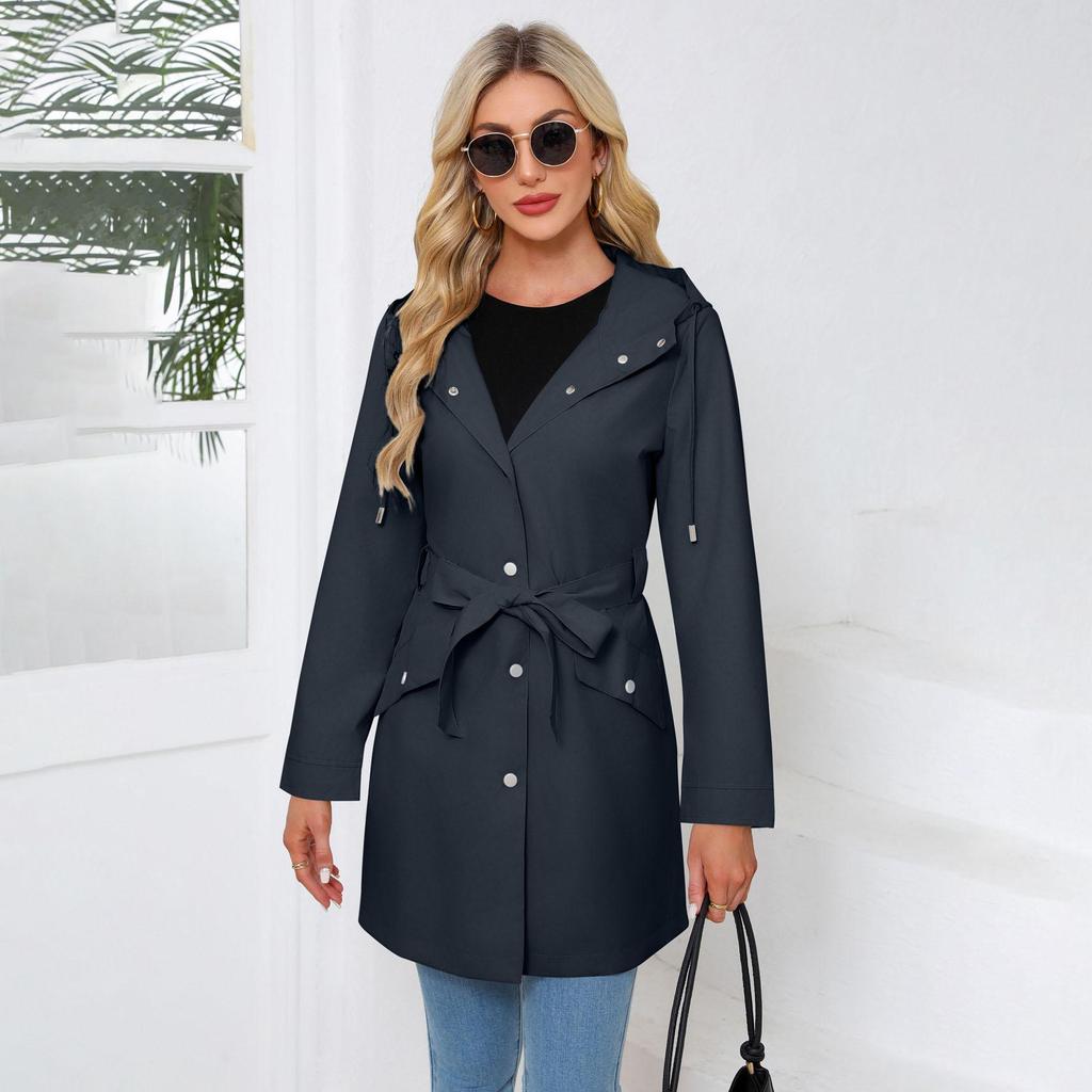 Herbst Damen Einreihig Einfarbig Reverskragen Kapuze Langarm Locker Jacke Windmantel