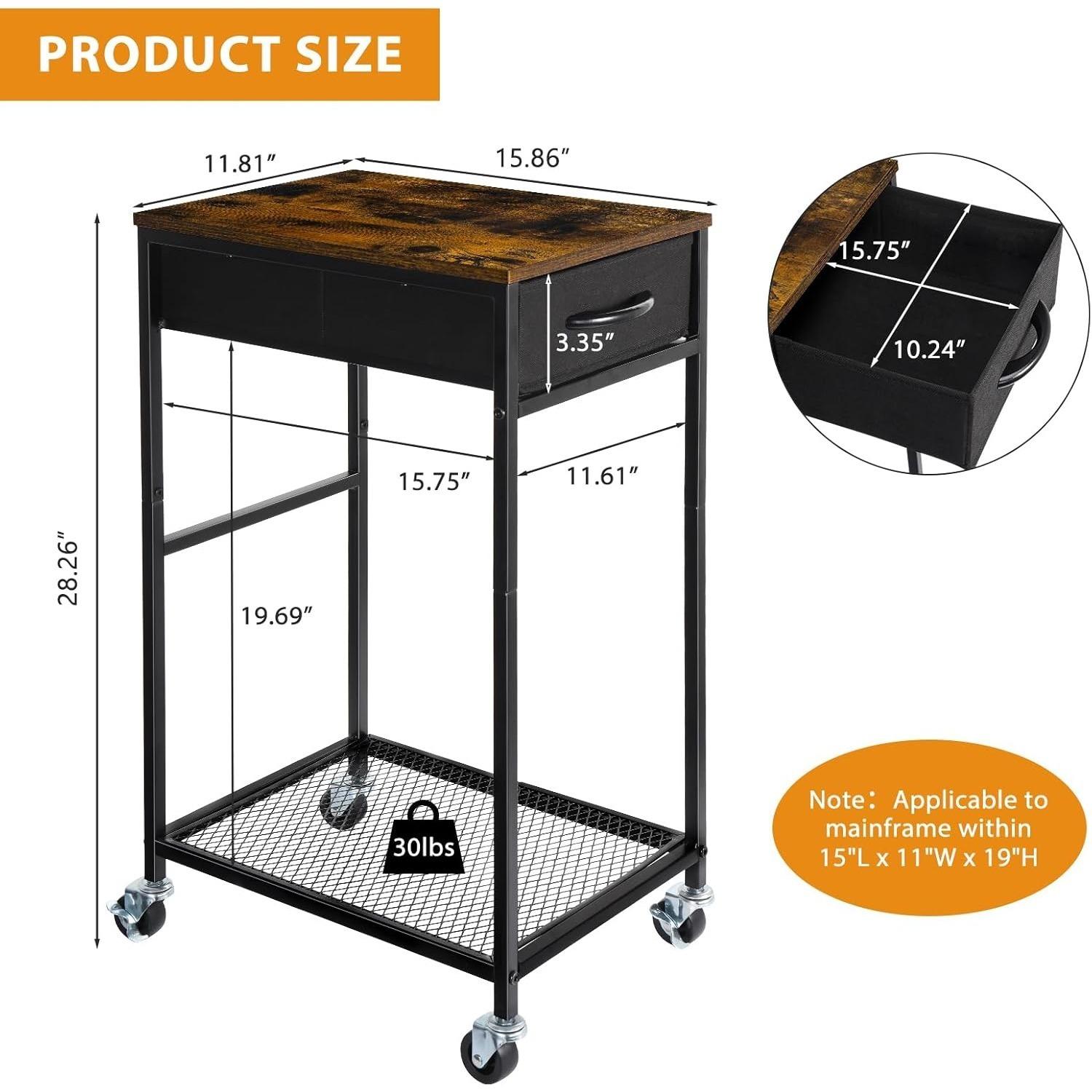 Rolling PC Tower Stand with Wheels - 2 Tier CPU Holder & Storage Drawer, Mobile Cart for Home/Office (Rustic Brown) marrone