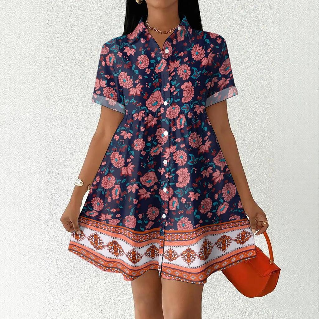 Casual Loose Fit Shirt Dress with Button Front and Stand Collar Short Sleeve Printed Summer Dress for Women