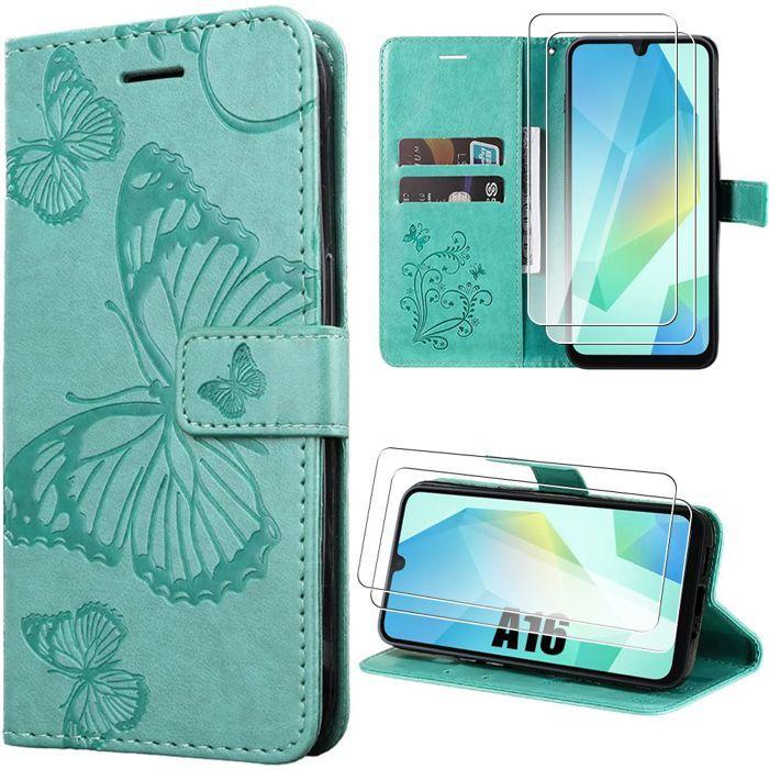 Coque de protection - BOOLING - Samsung Galaxy A16 5G/4G - Motif Papillon - Synthécuir Vert - 2 Verres Trempés