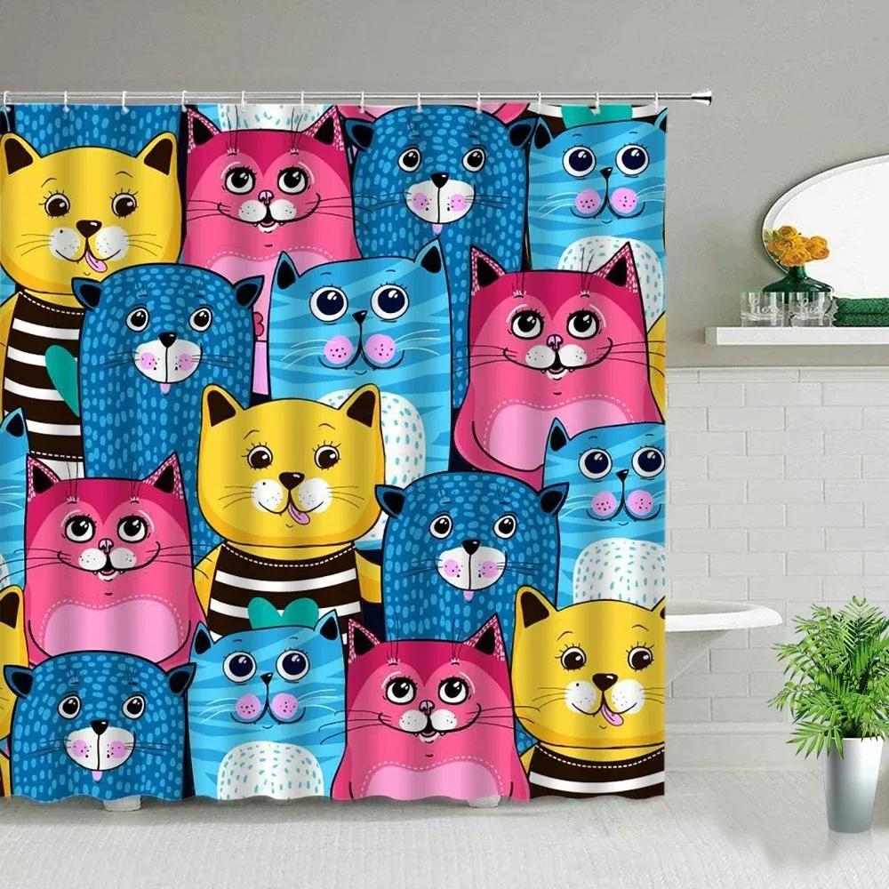 Funny Little Cat Dog Bathing Shower Curtain Cartoon Animals Printed Bathroom Curtain Set Waterproof Polyester Fabric Bath Screen