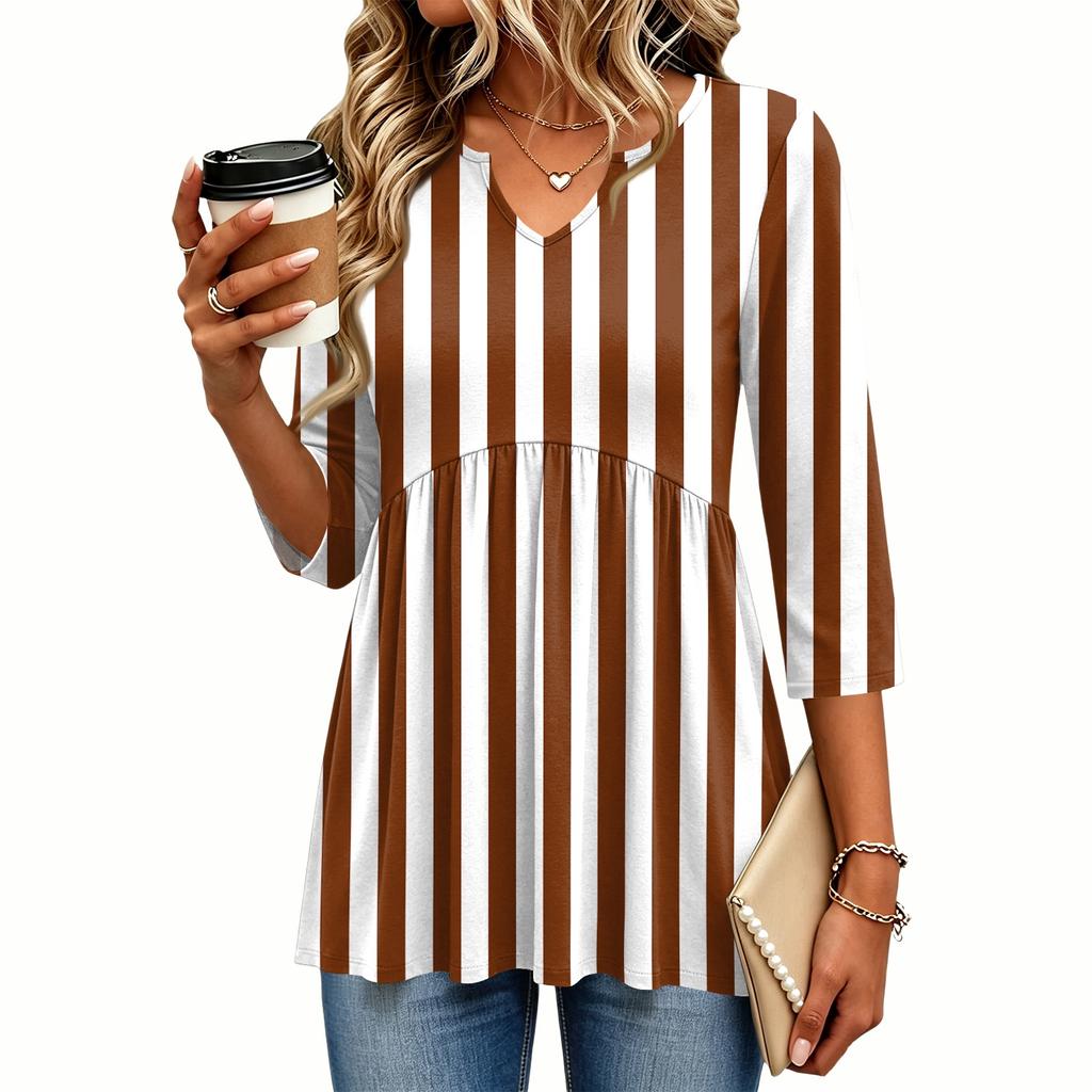 Women's Casual Striped Print V-Neck Three-Quarter Sleeve Blouse
