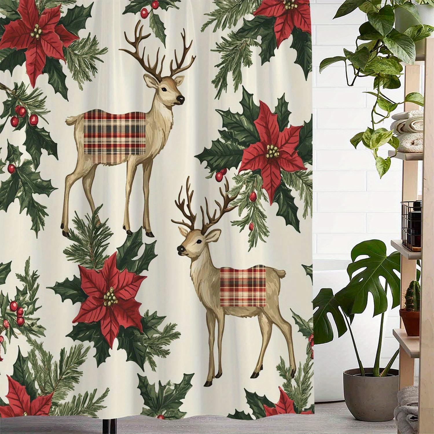 

Open One Piece Vintage Winter Reindeer Poinsettia Print Shower Curtain, Window Curtain with 12 Hooks Curtain for Windows W90XH180cm