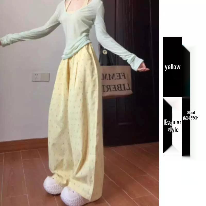 Women’s Summer High-Waist Dopamine Yellow Polka Dot Wide-Leg Pants | 145cm | Ice Silk | Petite Draping Style