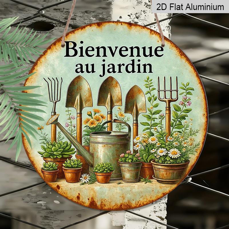 2D Flat, 1pc Round French Aluminum Sign, Vintage "Welcome to the Garden" Decor Plaque - Garden Tools & Plants Wall Plaque, Decor Sign for Balcony