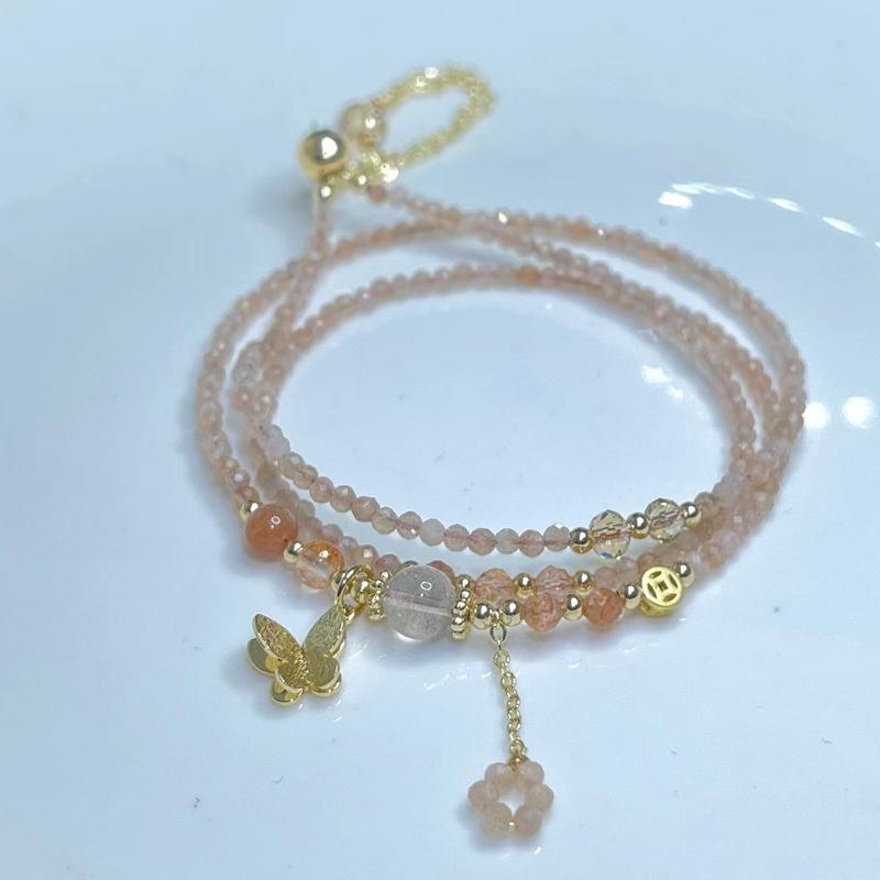 Natural crystal, moonstone, golden strawberry, sunstone cut face three-circle bracelet.
