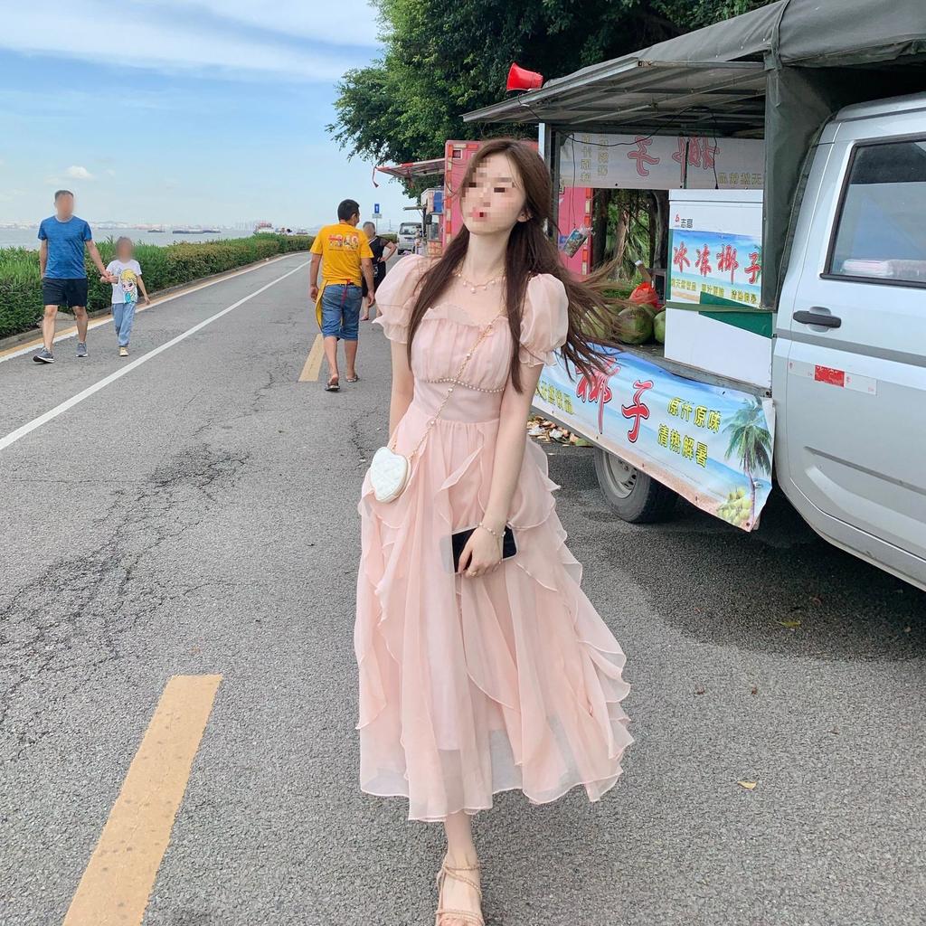 French square collar sweet and gentle fairy style dress women's summer new women's clothing waist thin medium and long skirt