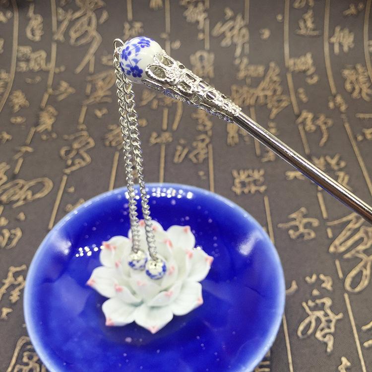 Classical Ceramic Hairpin Set Female Ethnic Style Retro Headdress Plum Blossom Blue and White Porcelain Beads Flower Hairpin Hair Accessories