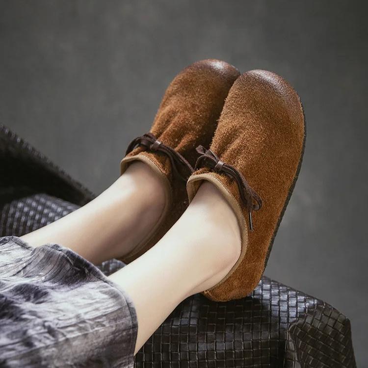 Johnature Vintage Cowhide Versatile Soft Soled Loafers Lightweight Commuter Women's Flat Shoes