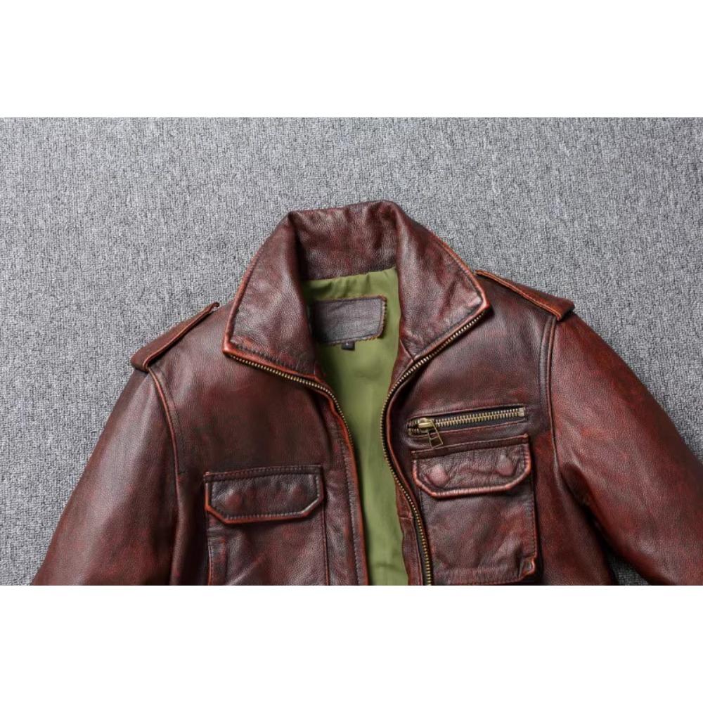 Chinese Size Vintage Red Brown Men Leather Jacket M65 Hunting Flight Jacket Genuine Cowhide Coat Autumn