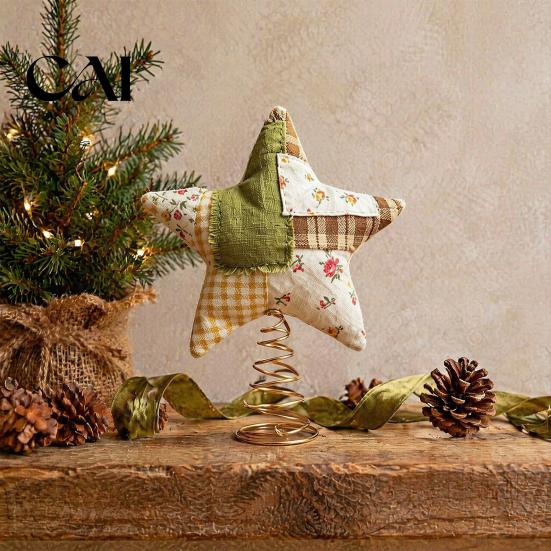 Christmas Tree Topper Star Topper, Patchwork Plush Stuffed Xmas Decor Ornament for Winter Holiday Party Home Pink Green