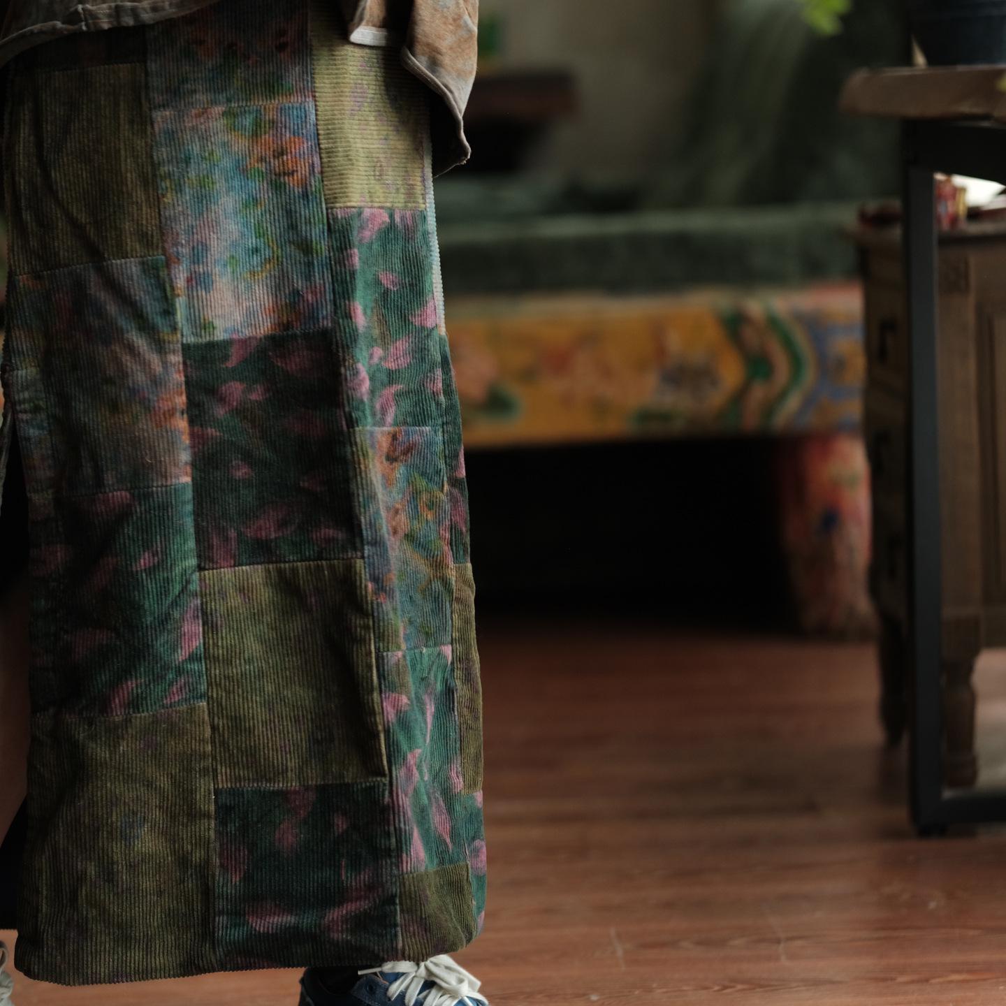 Оригинальный дизайн Ретро Художественная Разрезная Хлопковая Вельветовая Пэчворк Юбка - Зеленая One Size