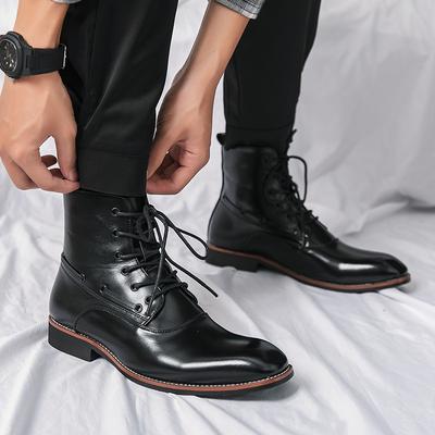 High-top Pointed Men's Leather Boots Spring and Autumn Large-size Blue and Medium Boots Personalized Polishing Fashion Lace-up Martin Boots