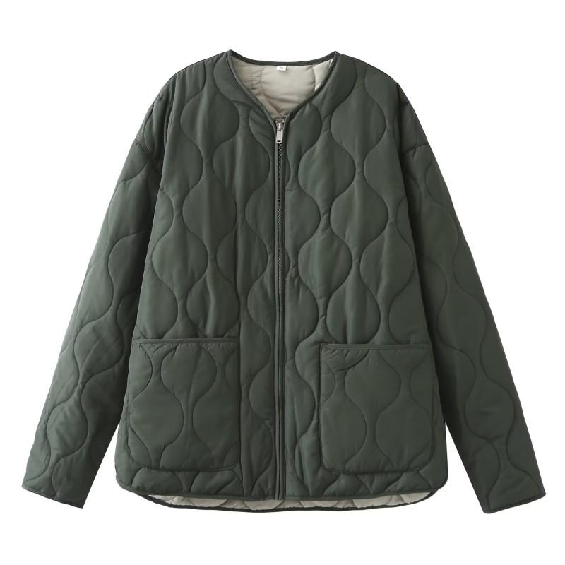 Womens Winter Warm Cotton Padded Jacket Loose Fit Round Neck Zipper Front With Large Pockets