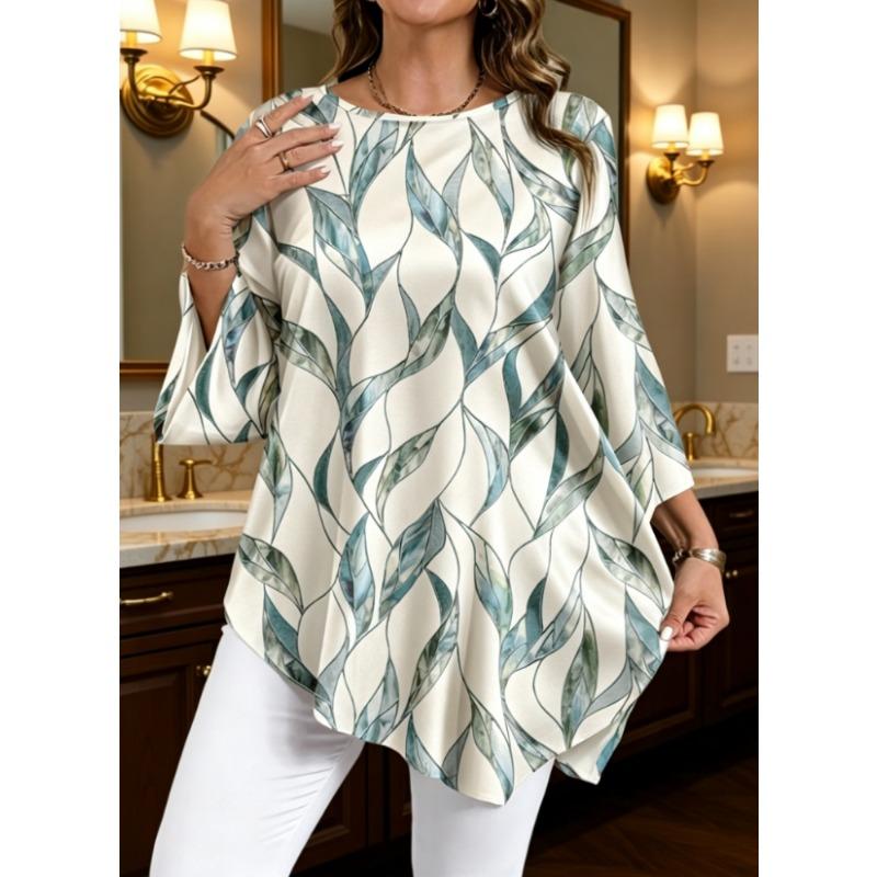 Elegant Plus Size Women's Top, Casual Full-Pattern Asymmetrical Hem, Beautiful