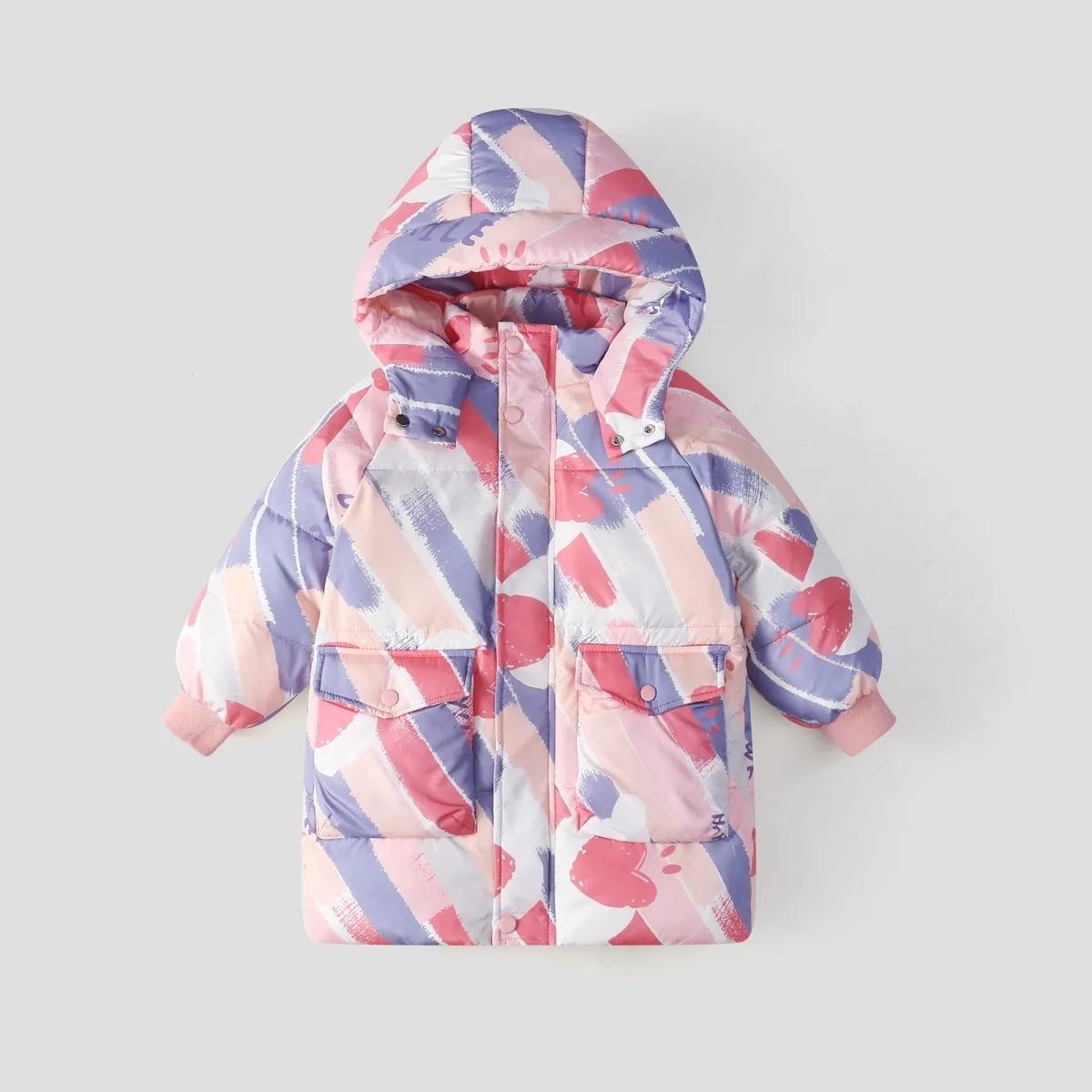 

Модная куртка-пуховик средней длины для девочек на осень и зиму с принтом 110 розовый