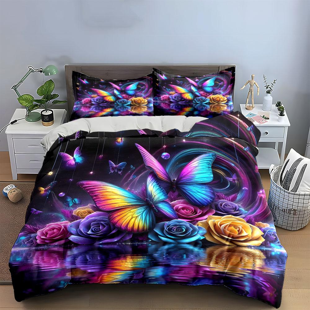 Colorful Butterflies and Roses Bedding Duvet Cover Set (1*Duvet Cover 2*Pillowcases, Without Duvet Insert)