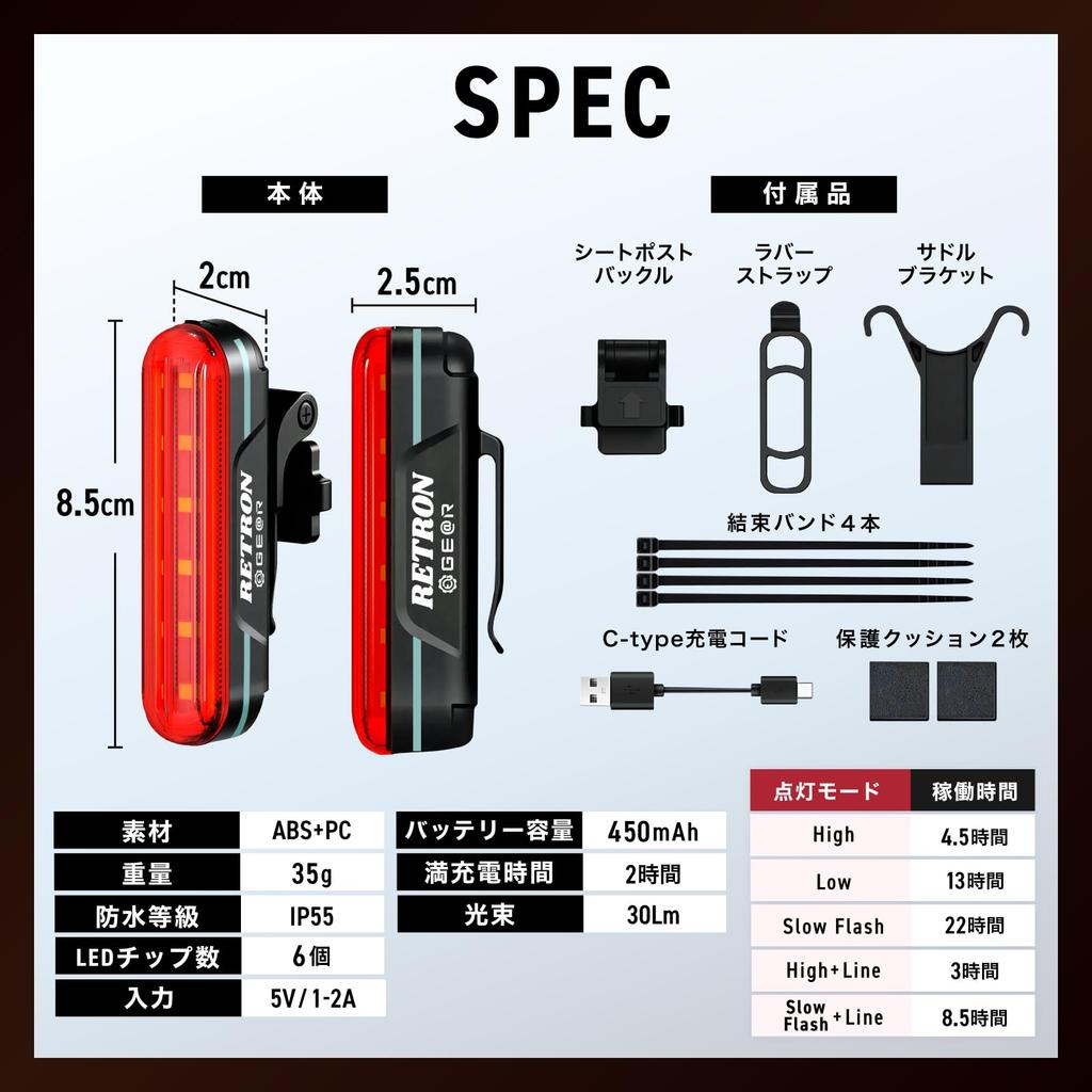 Retron Tail Light for Road Bikes, USB-C Rechargeable, Lightweight, Day and Night Use, for Hiking, Cycling, Commuting, and School