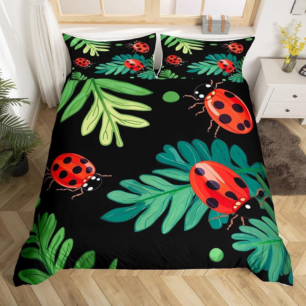 Cute Ladybug Duvet Cover Twin Queen Cartoon Animal Ladybird Insect Bedding Set Kawaii Wildlife Love Heart Print Comforter Cover