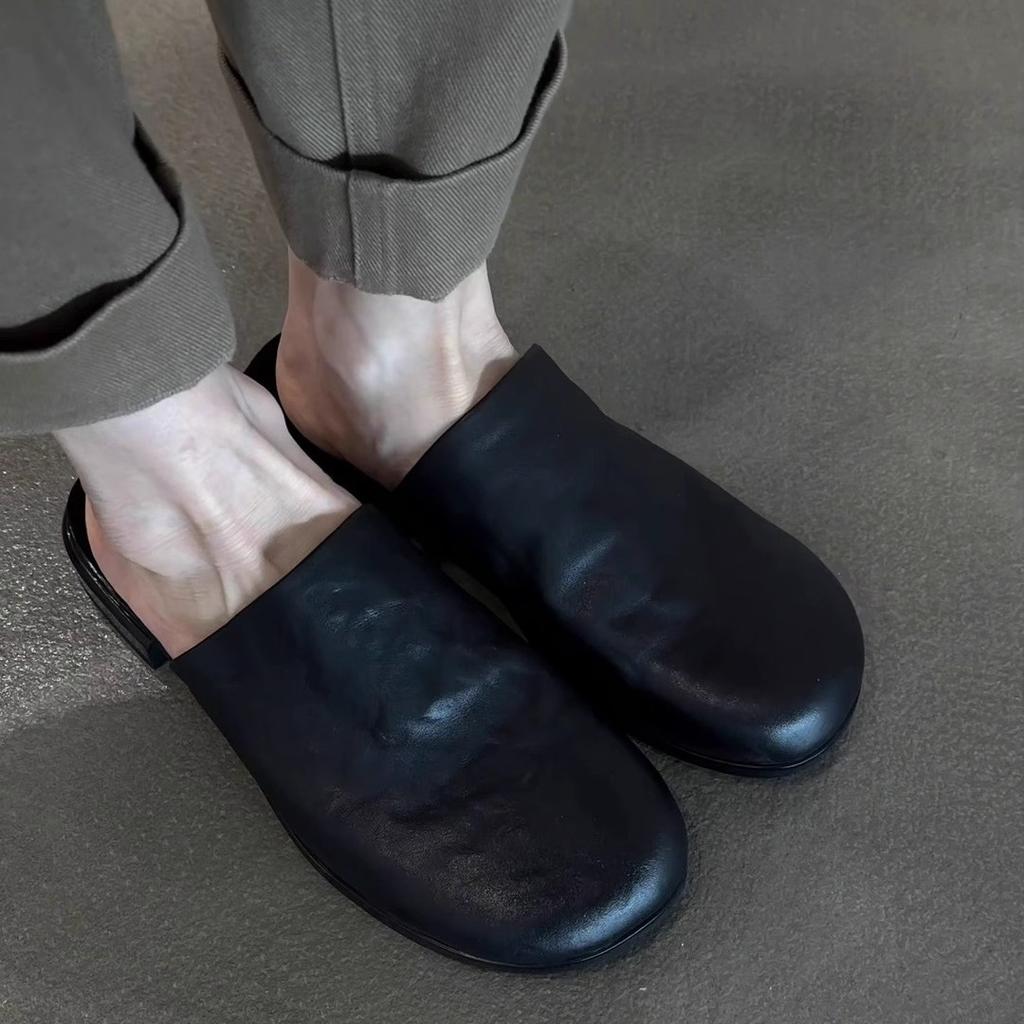 Soft Sheepskin~ One-pedal Lazy Leather Bag Head Sandals Women's Summer Black Commuting Versatile Wear Muller Half Slippers