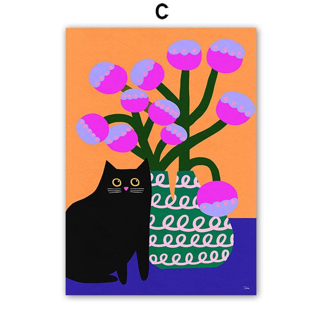 Boho Abstract Girl Vase Flower Black Cat Illustration Wall Art Canvas Painting Nordic Poster & Prints Pictures Living Room Decor