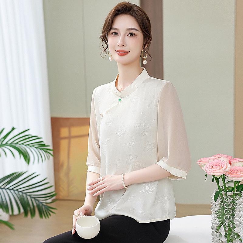 

Retro Satin Mid-Sleeve Chiffon Shirt for Middle-Aged Women XXL (for 110-125 jin) білий