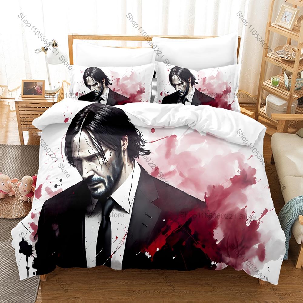 Moody Black Gold John Wick Character Print Duvet Cover + 2 Pillowcases Twin Full Queen King Movie Bedding Set