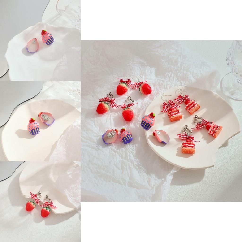 Strawberry Cake Earrings Adorable Girls Sweet Bow Design Non Pierced Ear Clips
