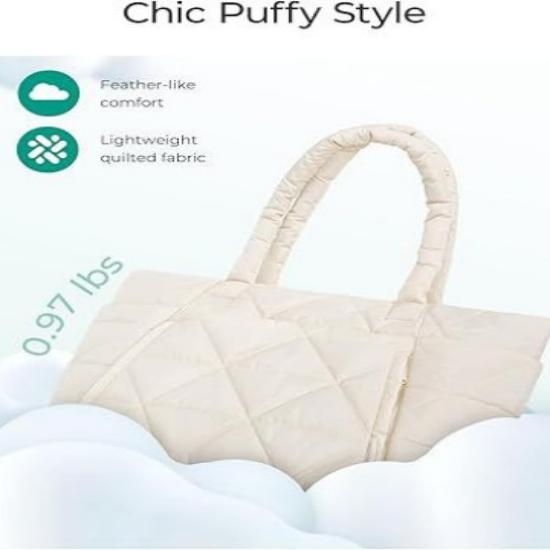 Women's Lightweight Puffy Zipper Large Quilted Shoulder Bag with Travel Compartment