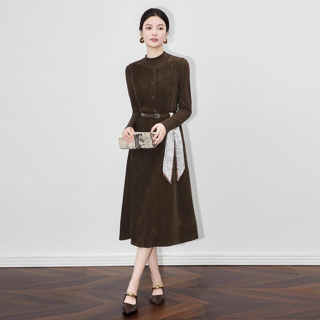 French Solid Color Inner Layer Base Shirt & Chenille Vest Dress Two-Piece Set