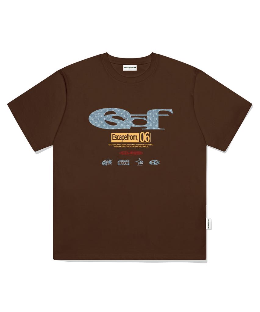 ESCAPEFROM Blue Star Denim Escf Logo Collage Print Oversized Short Sleeve T-Shirt Brown
