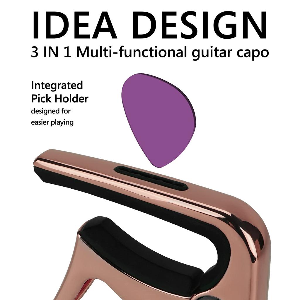 Geekria Guitar Zinc Alloy Metal Capo for Acoustic and Electric and Classical Guitar Accessories 3-in-1 Capo, Guitars, Ukulele, Mandolin, (Rose Gold)