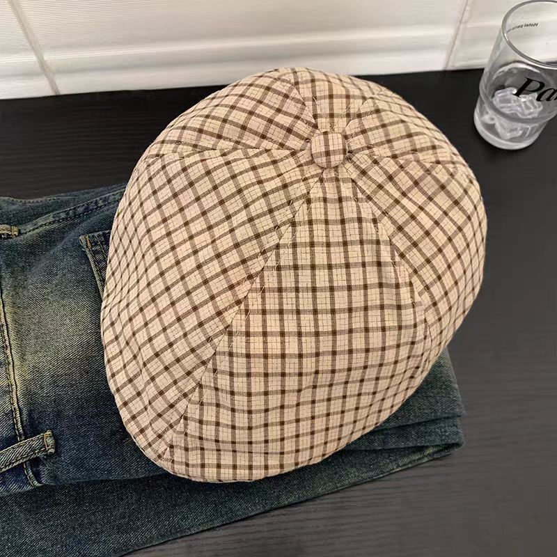 Retro Japanese Color Matching Plaid Forward Hats for Women Spring and Summer Travel Sunscreen Versatile Casual Literary Berets
