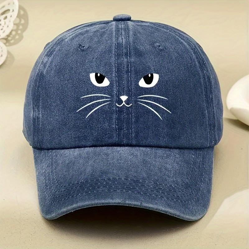 

Cute Cat Face Print Washed Baseball Cap Polyester Unisex Casual Outdoor Adult Cap One Size темно-синий