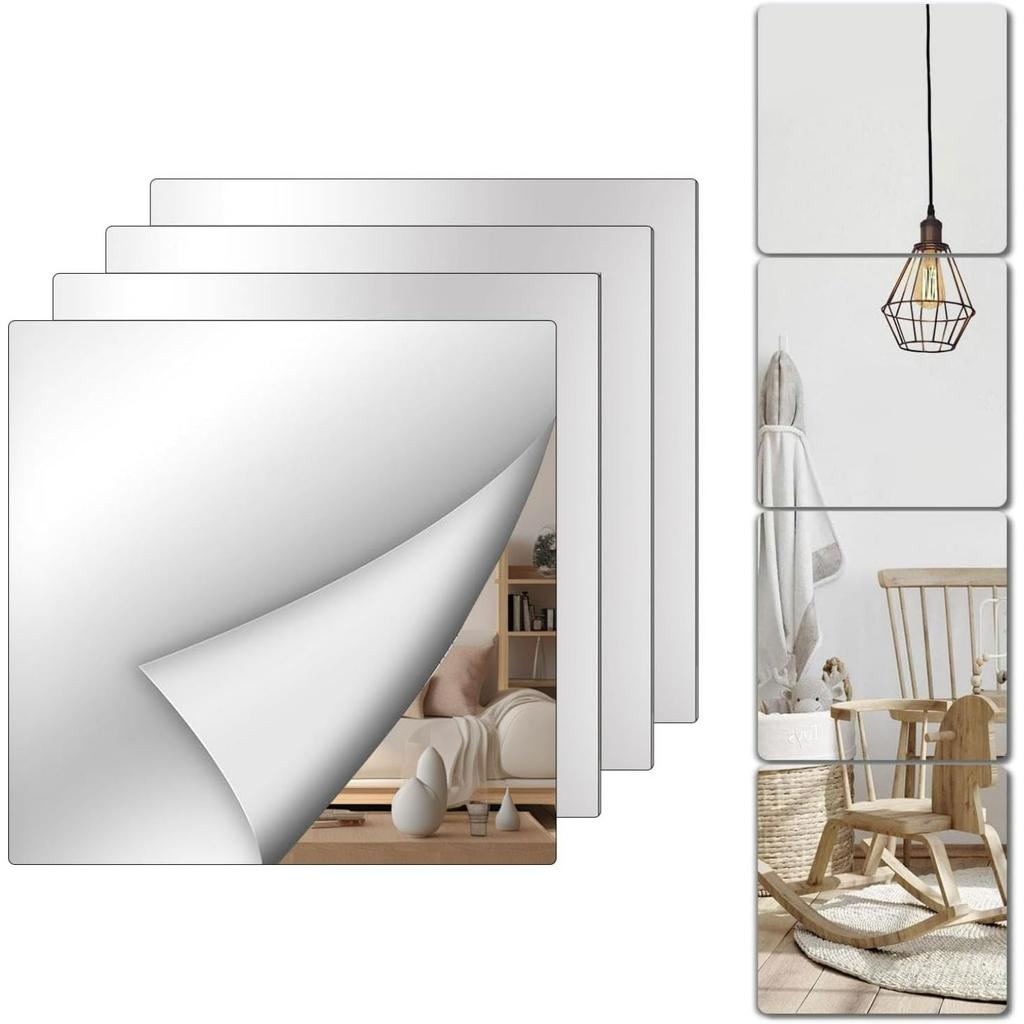 Self Adhesive Mirror Tiles 30x30cm,Stick On Wall Non-Glass Acrylic High Clear Mirrors Stickers,Flexible Full Length Plastic Mirror Sheets for Bathroom