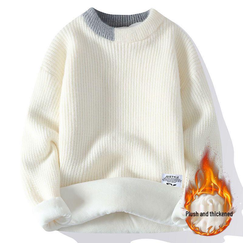 Men's Velvet Thick Knit Sweater - Autumn/Winter Round Neck Trendy Warmwear for Teen Students