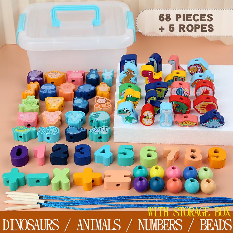 Wooden Dinosaur Beaded Rope Toy, Children DIY Baby Early Education Educational Beads Large Particle Building Block