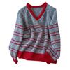 2026 Fall/Winter Korean Casual Color Block V-Neck Striped Knit Sweater