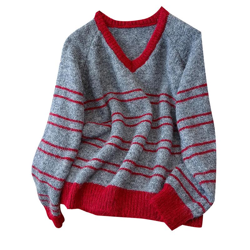 2026 Fall/Winter Korean Casual Color Block V-Neck Striped Knit Sweater