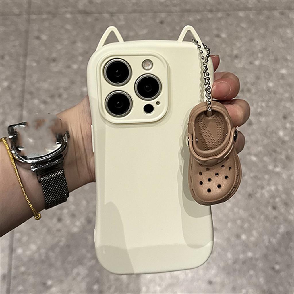 Cute Cartoon 3D Cat Ears Soft Phone Case For iPhone 16 15 14 13 Pro Max With Lovely Mini Hole Shoes Pendant Back Cover