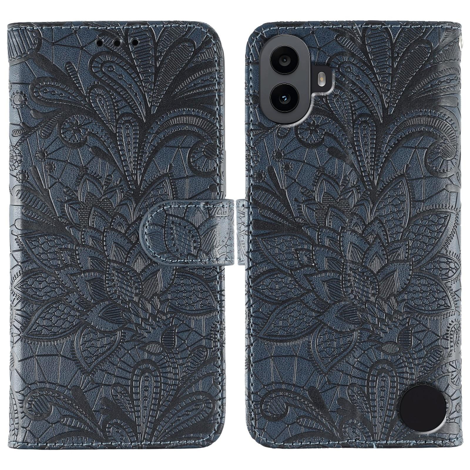 

For Nothing CMF Phone 1 Case Lace Flowers PU Leather Flip Wallet Phone Cover Dark Blue