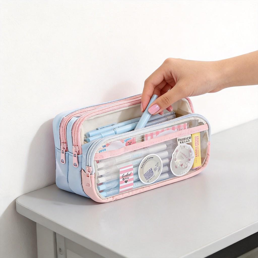 Kids Large Capacity Canvas Pen Bag With Transparent Pocket For School Stationery Storage