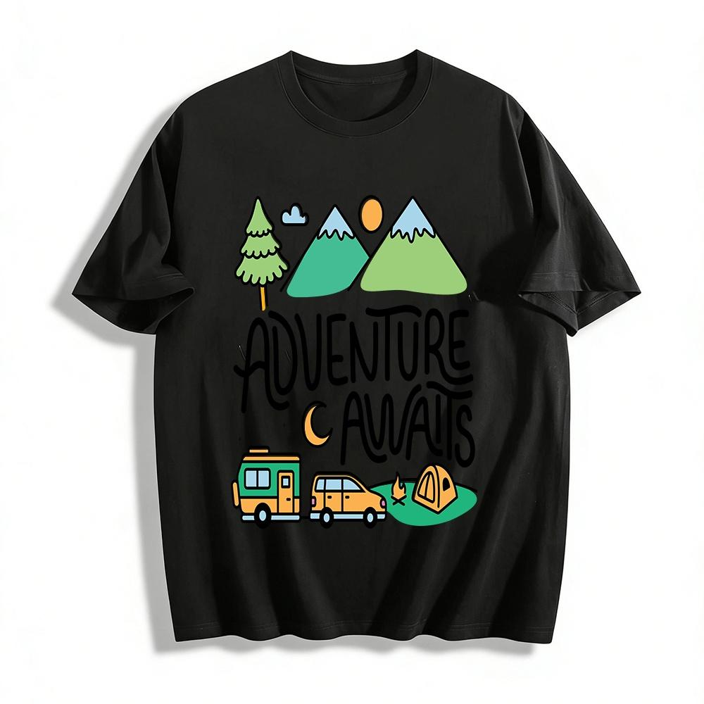 Adventure Awaits Camping Print Casual Outdoor T-Shirt Pure cotton T-shirt XXS