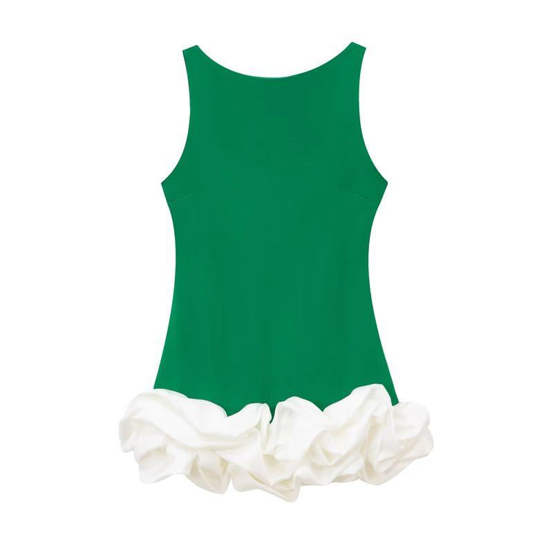 

Spring New Women s Clothing Fashion Ins round Neck Hem Laminated Jumpsuit Short Dress 8453777 Green spell White L