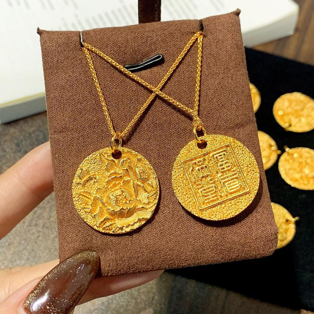 Luxury 24K 9999 Pure Gold Real Gold Women's Ancient Filigold Round Embossed Peony Pendant Necklace