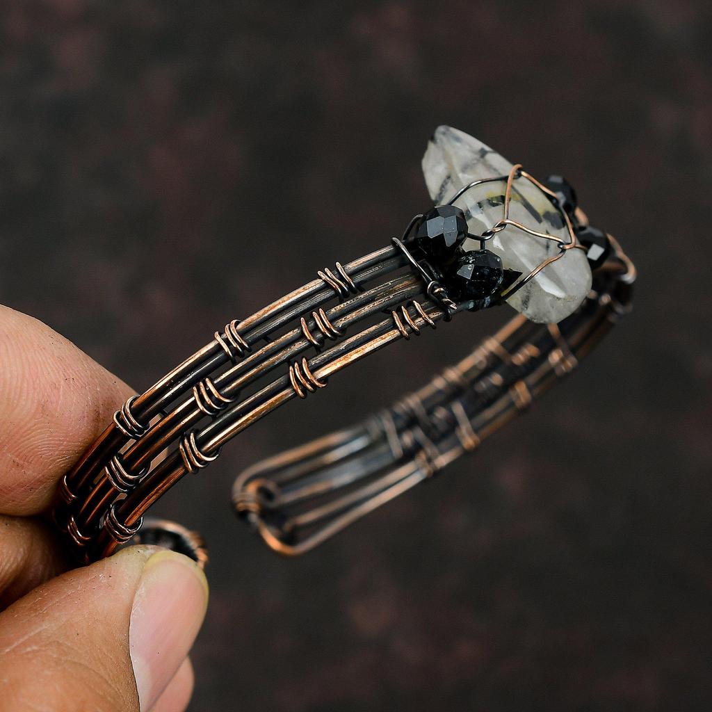 Black Rutile Copper Cuff Bracelet Black Onyx Beads Cuff Copper Wire Wrapped Jewelry Adjustable Bangle Gemstone Copper Cuff Handmade Bracelet