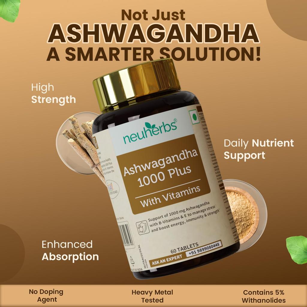 Neuherbs Ashwagandha 1000mg Daily Energy Supplement Tablets For Men And Women Body Strength Boost 60 Count Pack Of 1